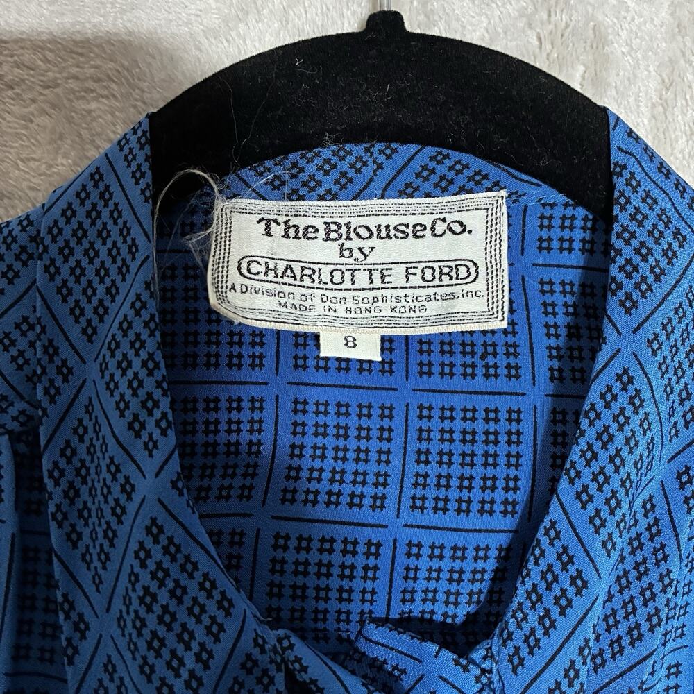 Vintage The Blouse Co. by Charlotte Ford Blue/Black Geometric Tie-Neck Blouse 8 - Picture 3 of 10